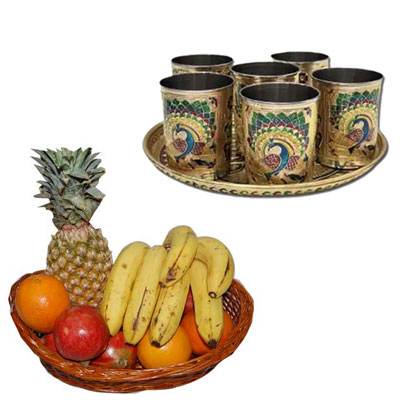 "Meenakari design coated Tray with Glasses, Fruit Basket - 3kgs - Click here to View more details about this Product